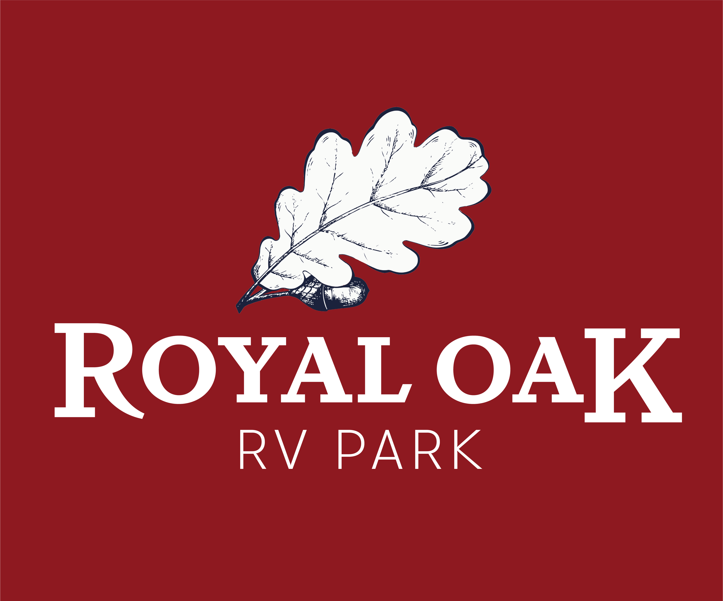 Logo for Royal Oak RV Park featuring a white oak leaf illustration on a red background with white text.