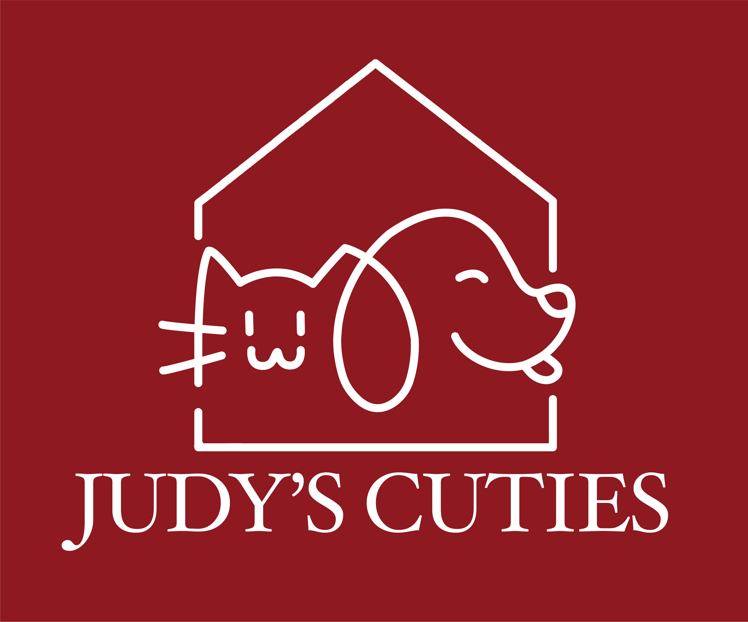 Logo for Judy's Cuties featuring a line drawing of a cat and dog inside a house outline with red background and white text.