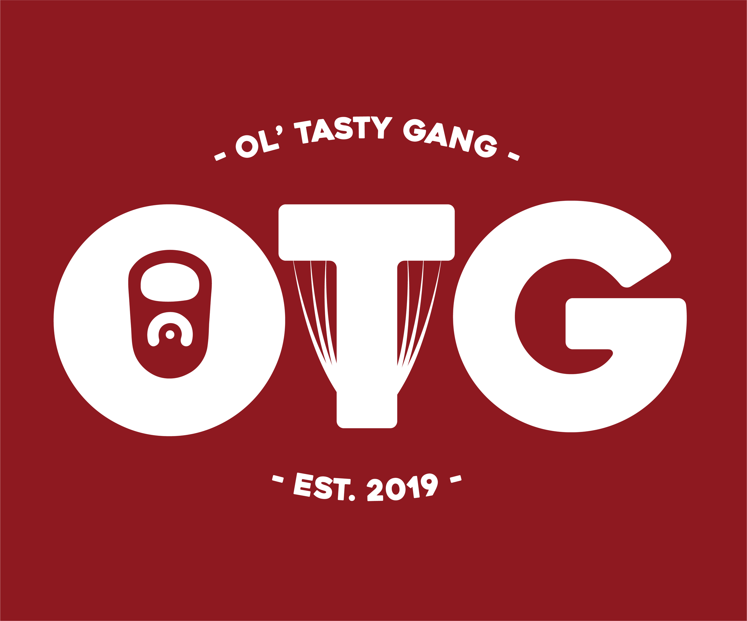 Red background with stylized white text reading 'OL' TASTY GANG' above large letters 'O', 'T', and 'G'. The 'O' contains a small soda can icon, the 'T' is designed to look like a hanging sign with strings, and the 'G' is a solid letter. Below, white 