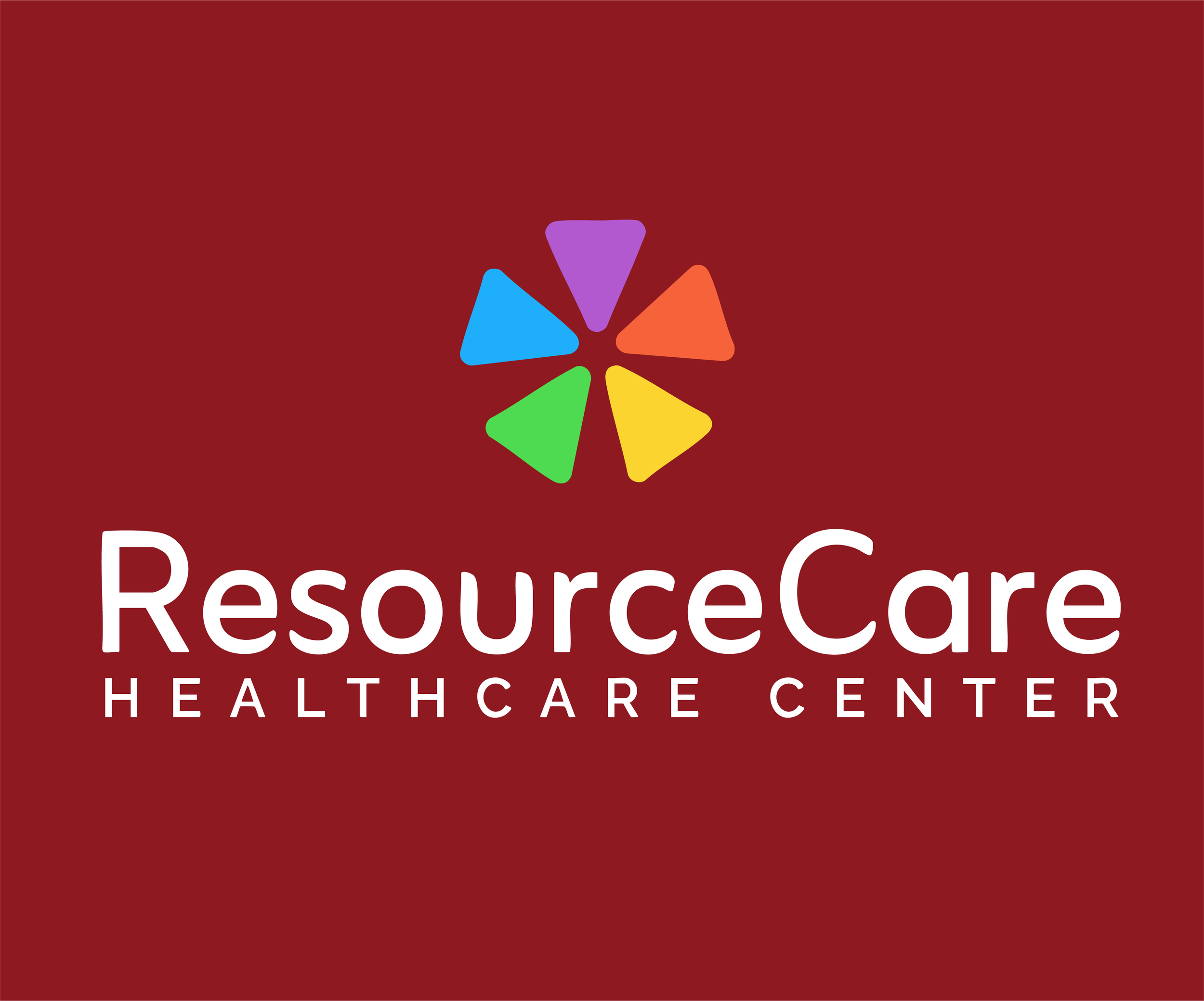 ResourceCare Healthcare Center logo with a colorful flower icon on a red background.