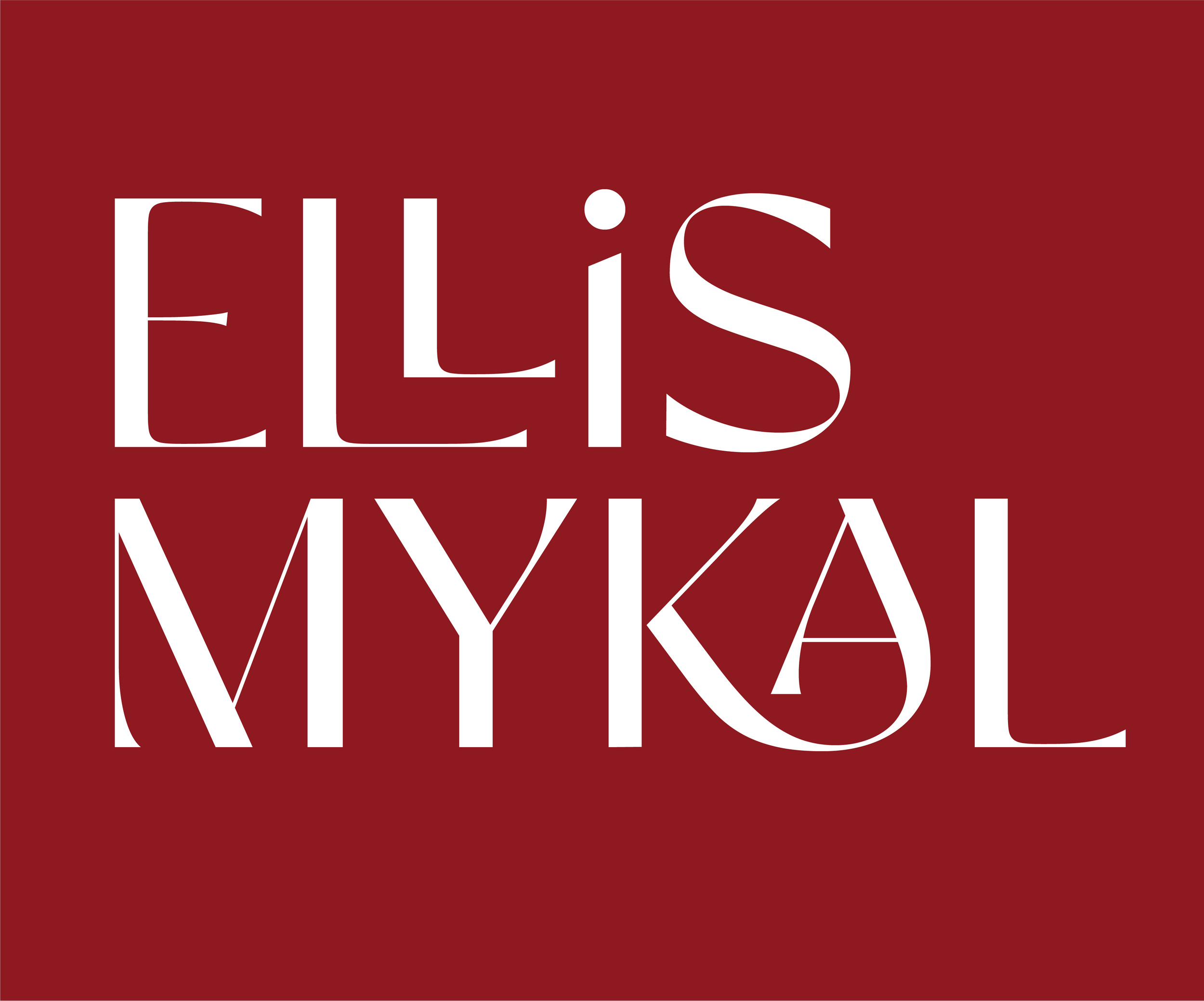 Red background with white stylized text spelling 'ELIS MYKAL' in a modern, artistic font.