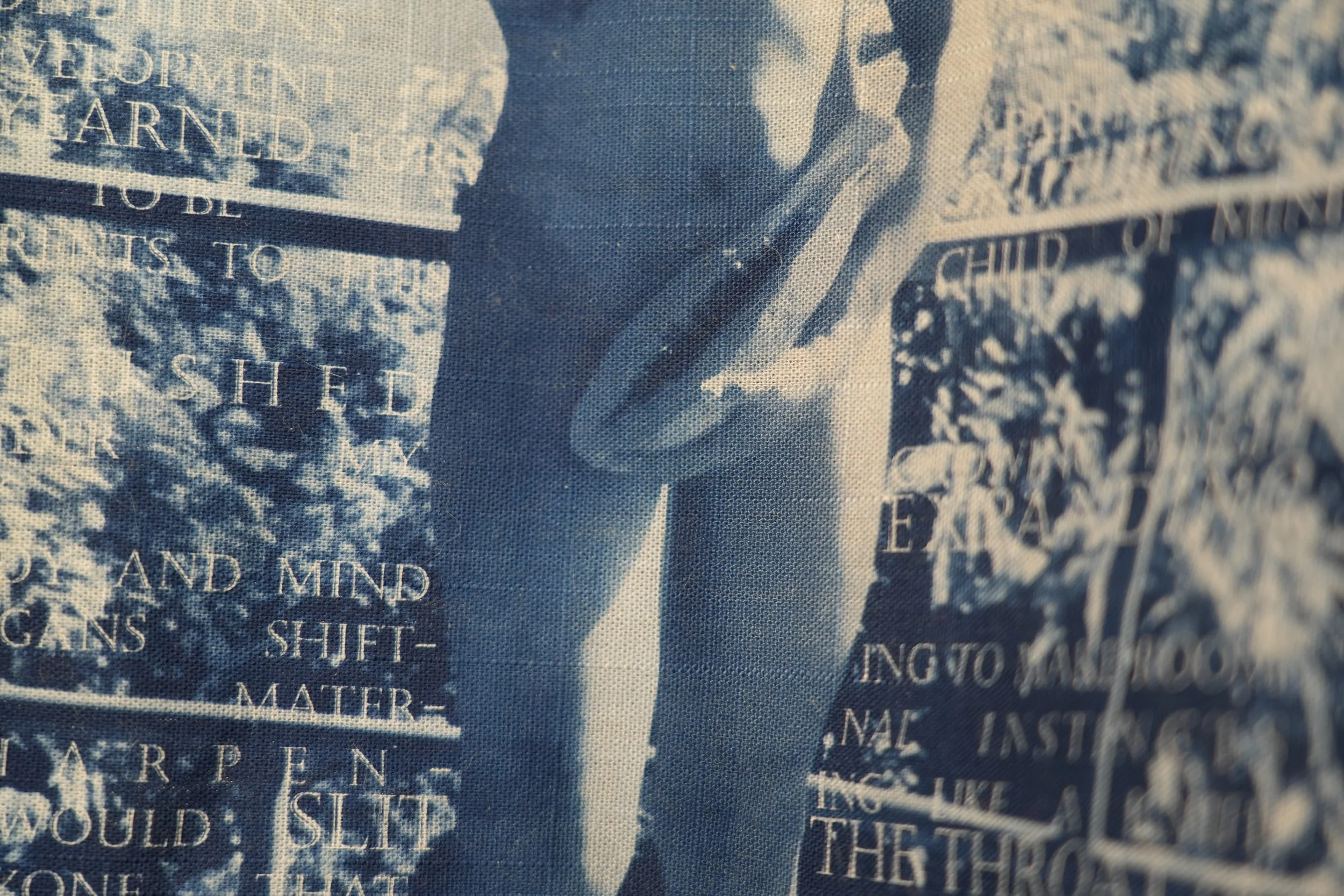 Ink-Stained Contraceptions, 2025.

cyanotype on cotton, oyster shells, ceramic bead, chain.