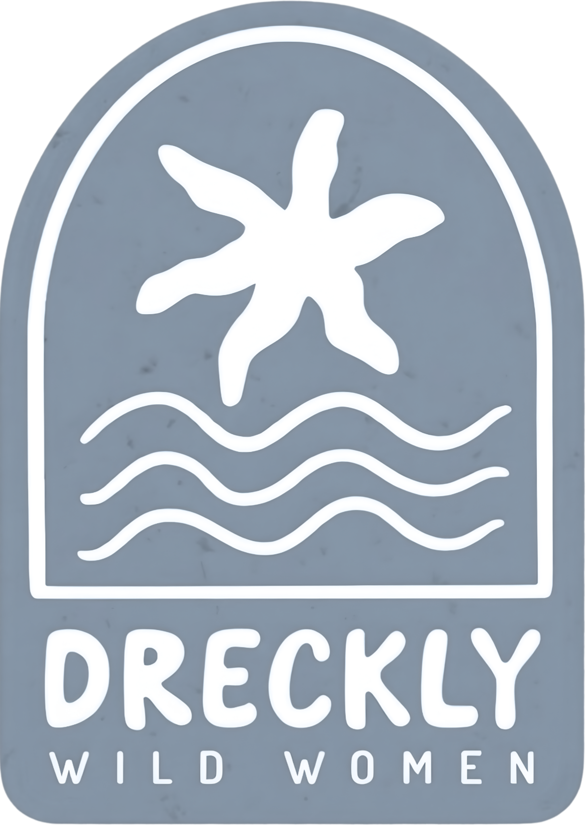 Logo with a star-shaped flower above wavy lines and the text 'Dreckly Wild Women'.