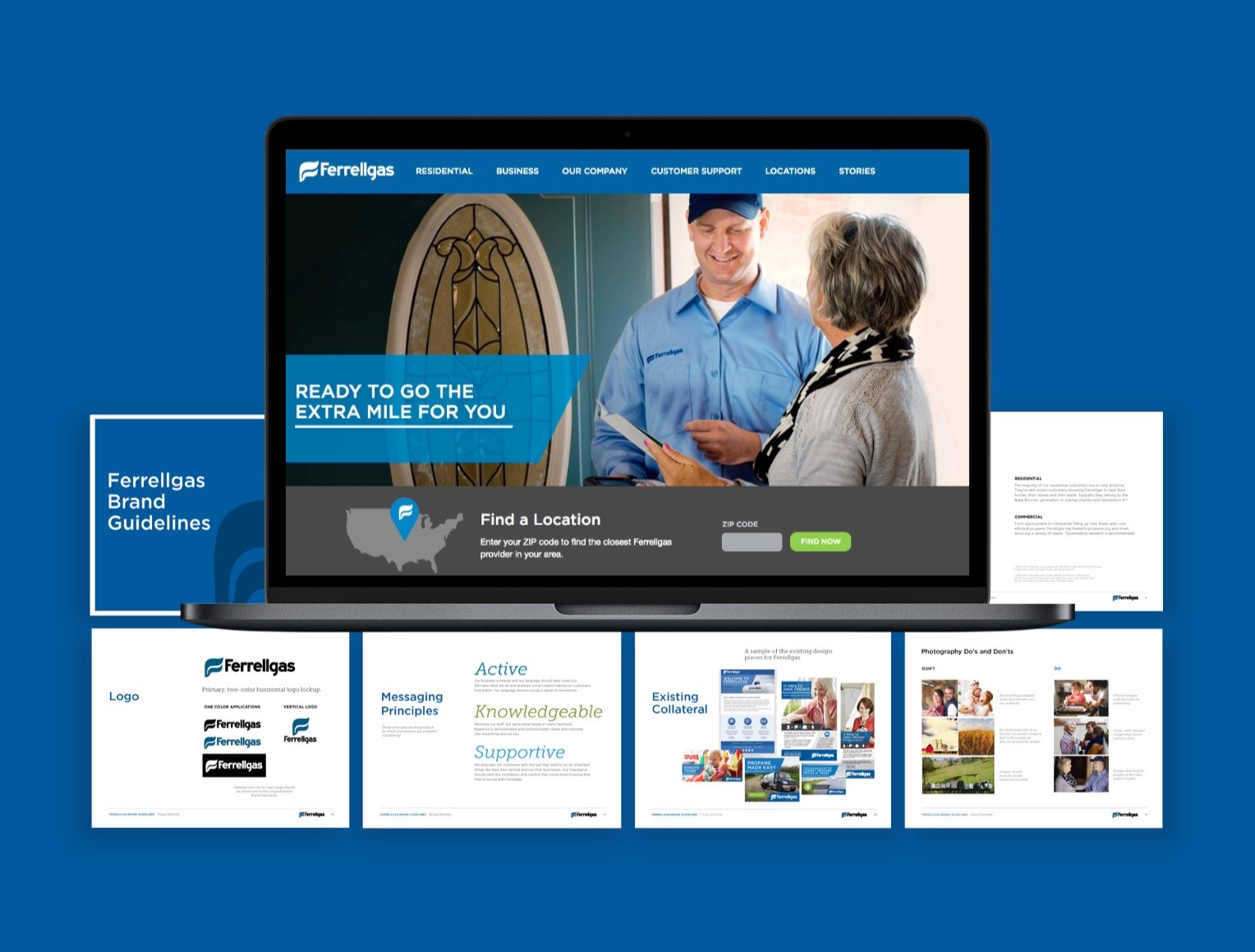Computer screen displaying the Ferrellgas website, showing a man in a blue uniform talking to a woman, with text 'Ready to go the extra mile for you' and a map of the United States with a location pin.