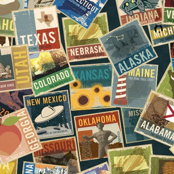 Collage of vintage-style travel posters and souvenirs from U.S. states, featuring images and state names like Texas, Nebraska, Alaska, Maine, New Mexico, Oklahoma, Georgia, Missouri, Indiana, Colorado, Kansas, and Alabama.
