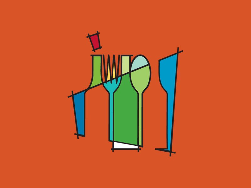 Abstract illustration of a fork, knife, and spoon with colorful geometric shapes on an orange background.