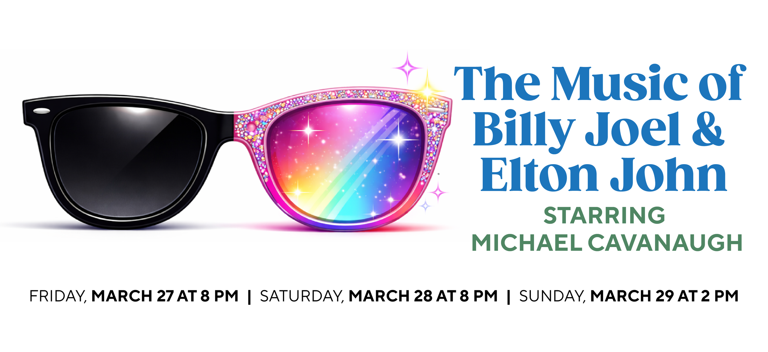 Colorful promotional poster for a music show featuring sunglasses, one side black and the other with rainbow-colored sparkles, with text about Billy Joel & Elton John concert dates and details.