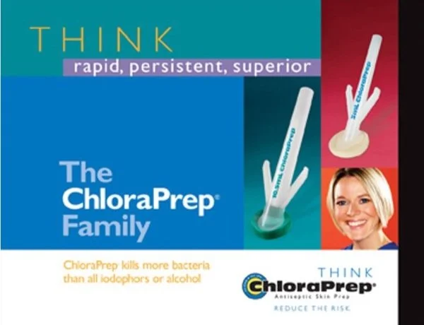 Packaging of ChloraPrep antiseptic skin prep with a sponge applicator, a syringe, and a smiling woman on the label.