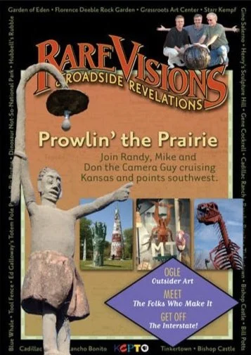 A promotional poster for Rare Visions Roadside Revelations featuring a group of three older adults at the top, a statue of a girl pointing, and images of dinosaur sculptures and art displays below.
