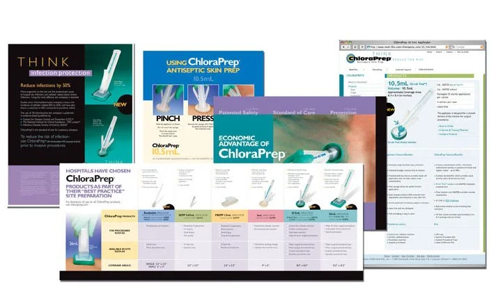 Collection of informational brochures and documents about Chloraprep antiseptic skin prep, including guidelines, benefits, and product details.