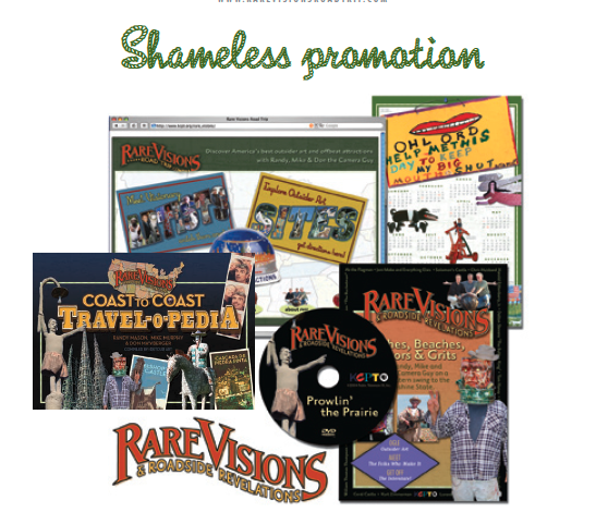 Collection of promotional magazines and DVDs for RARE VISIONS, showcasing various travel and documentary topics, with the title 'Shameless promotion' at the top.