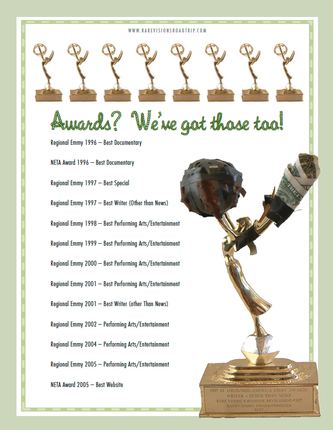 A collage of Emmy awards trophies along with a list of awards and a creative trophy made of a globe, a metallic figure, and rolled dollar bills, celebrating achievements in arts, entertainment, and journalism.
