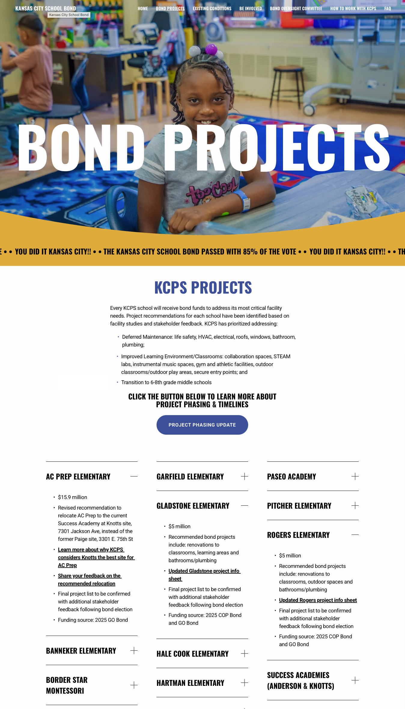 Web page for the KansasCity Public School's Bond Initiative. A young girl smiling in a classroom, with other children in the background, at a table with educational supplies and a colorful rug.