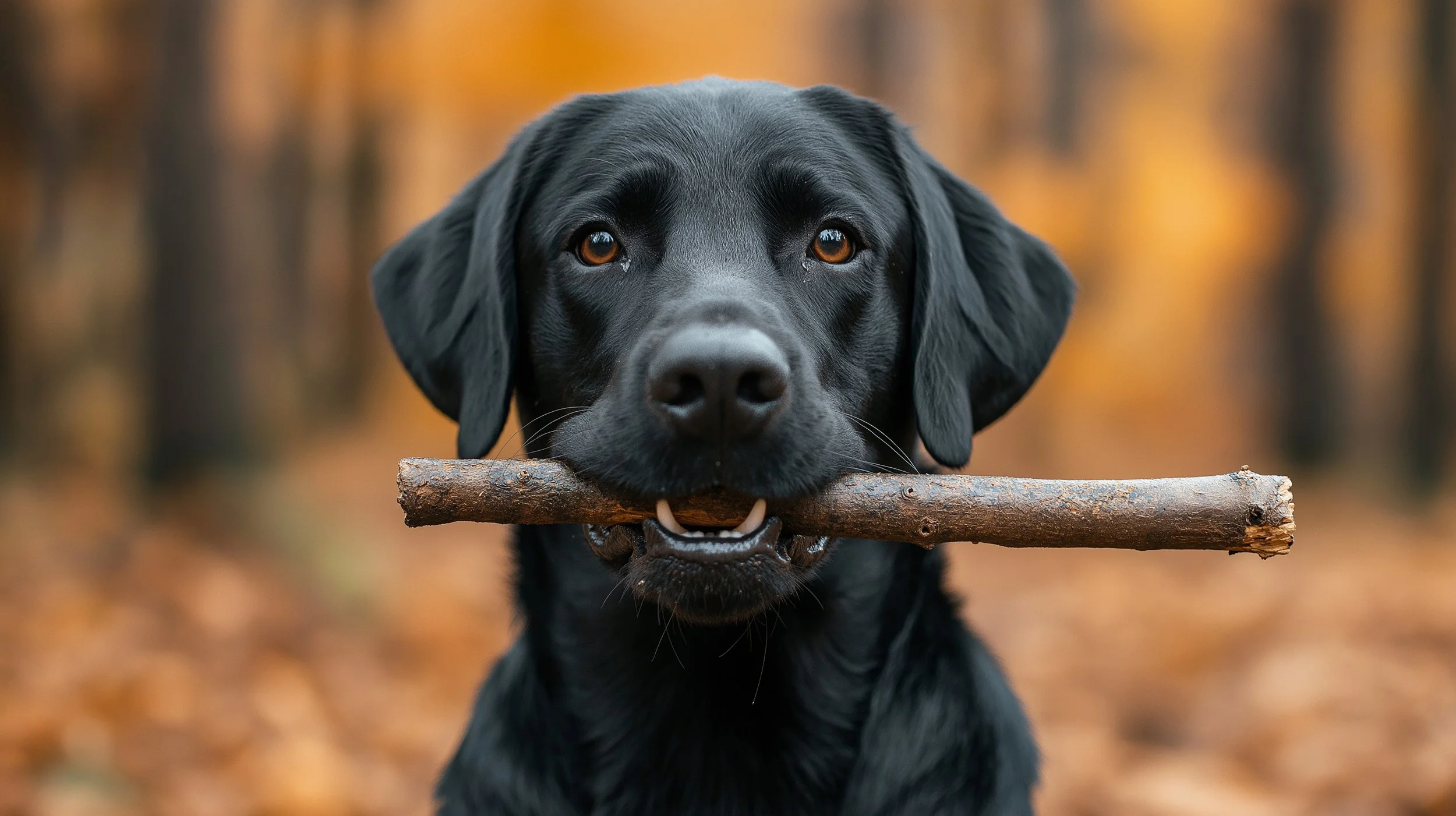 A black Labrador retriever holding a stick in its mouth in an autumn forest background.