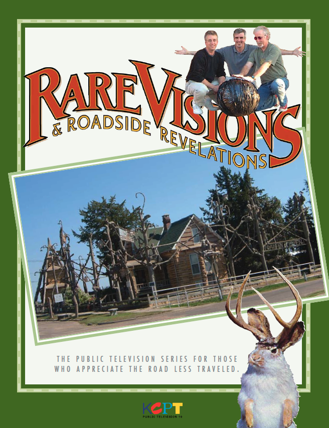 Cover of a DVD titled "Rare Visions & Roadside Revelations" featuring three men sitting on a large pumpkin sculpture, a roadside attraction with wooden structures, and a rabbit with antlers in the foreground.
