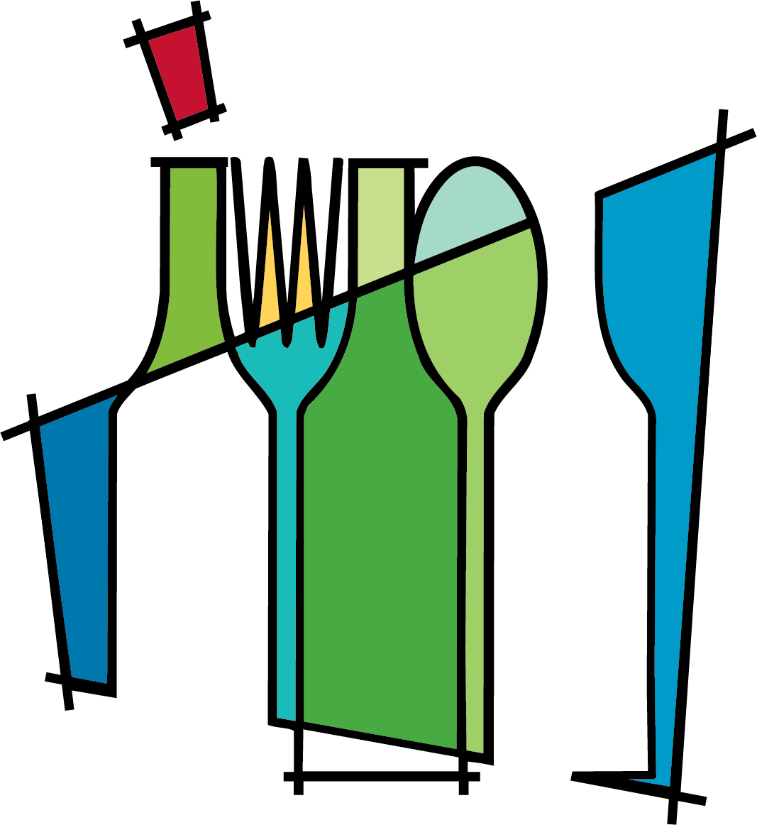 Stylized illustrations of a fork, knife, spoon, and a bottle with colored geometric shapes behind them, representing dining or food.