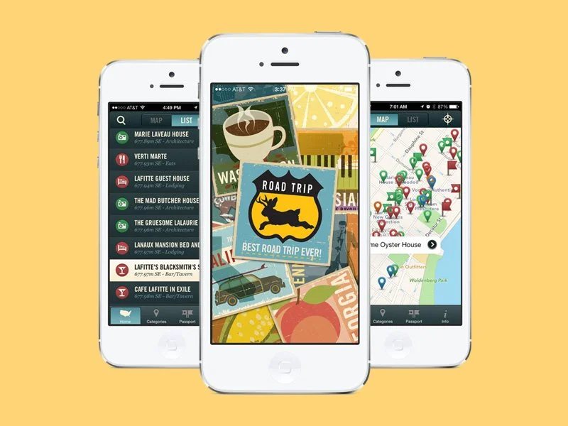 Three smartphones displaying travel and map apps over a yellow background.