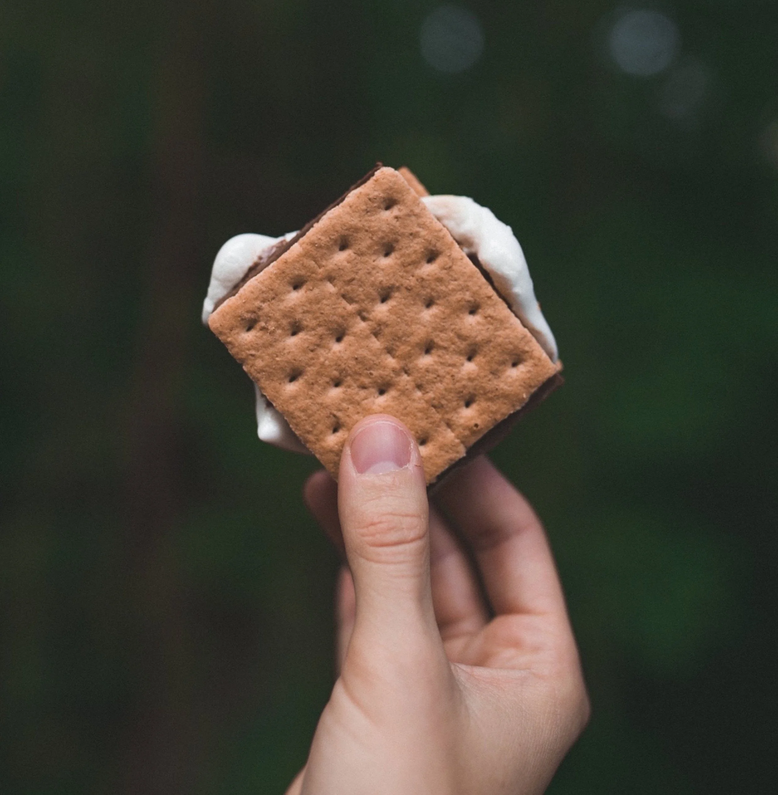A person holding an ice cream sandwich with one side of a graham cracker and some vanilla ice cream visible.