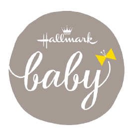 Hallmark Baby logo with a grey circular background, white text, a small crown above 'Hallmark', and a yellow bowtie.