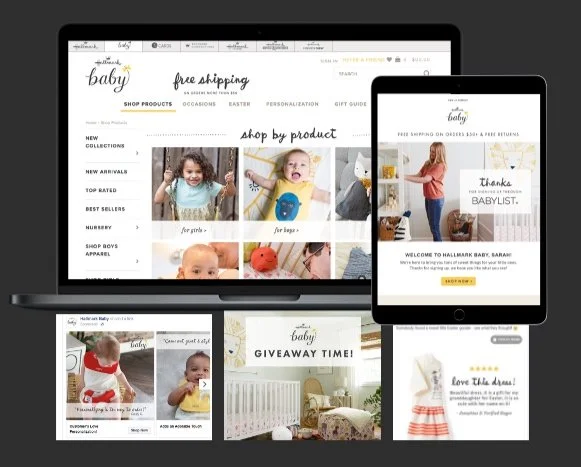 Screenshot of a website for baby products displayed on a laptop, tablet, and smartphone, featuring categories like new arrivals, best sellers, and gift guides with photos of babies and children