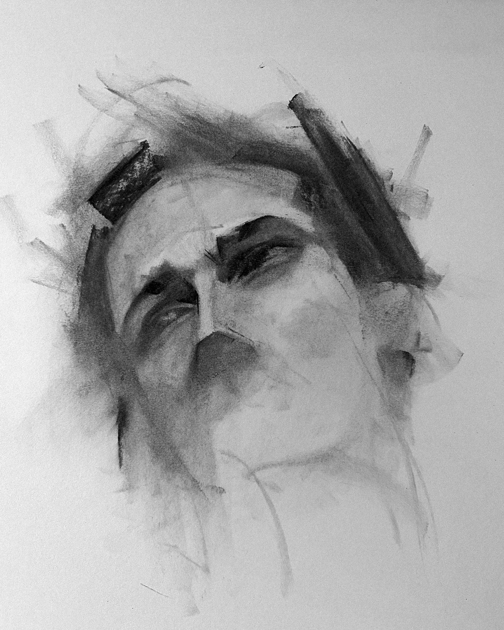 A black and white abstract sketch of a person's face, focusing on the eyes, eyebrows, and nose, with loose, expressive lines.