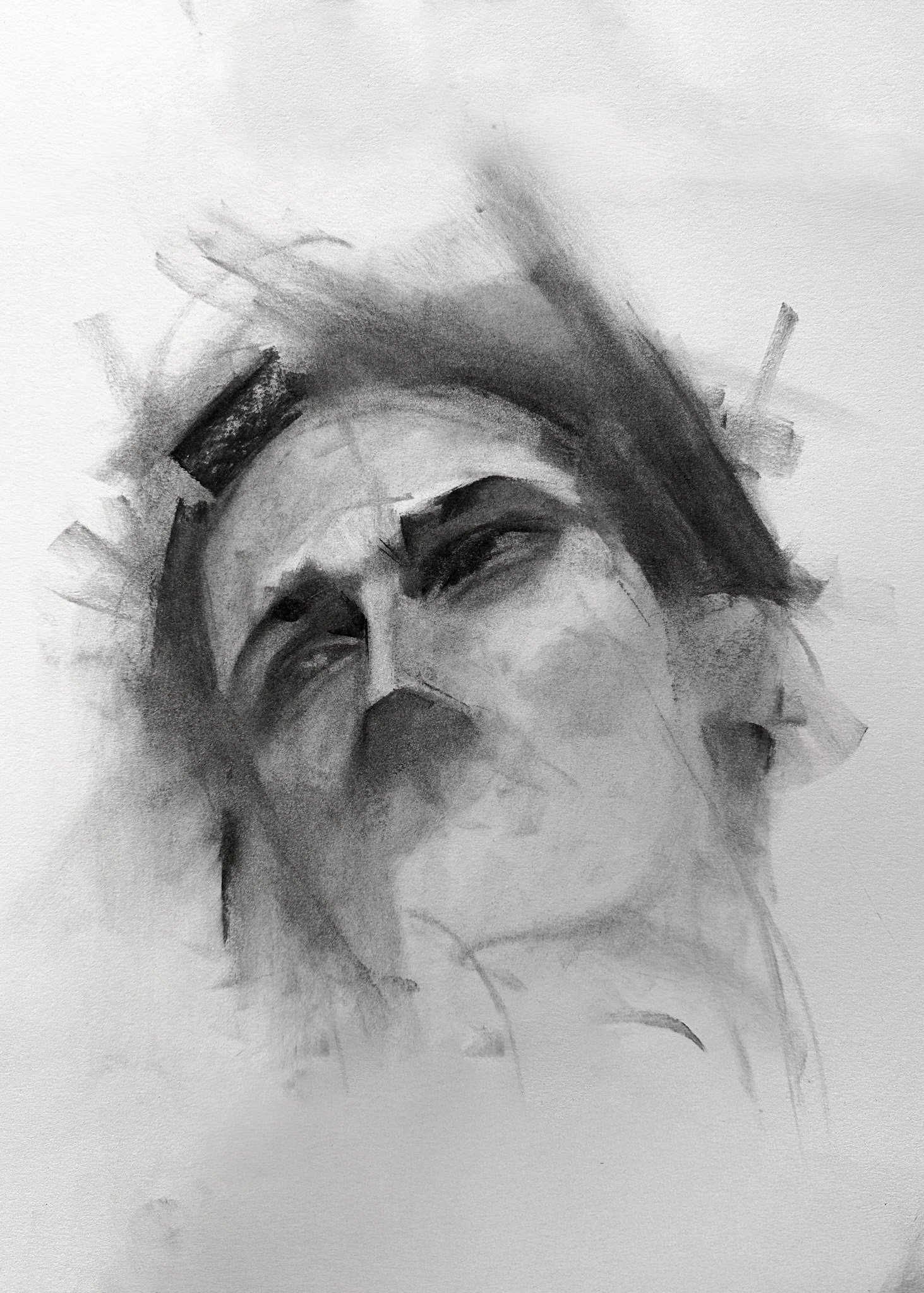 A black and white watercolor sketch of a person's face, focusing on the eye, nose, and mouth, with loose and expressive brushstrokes.
