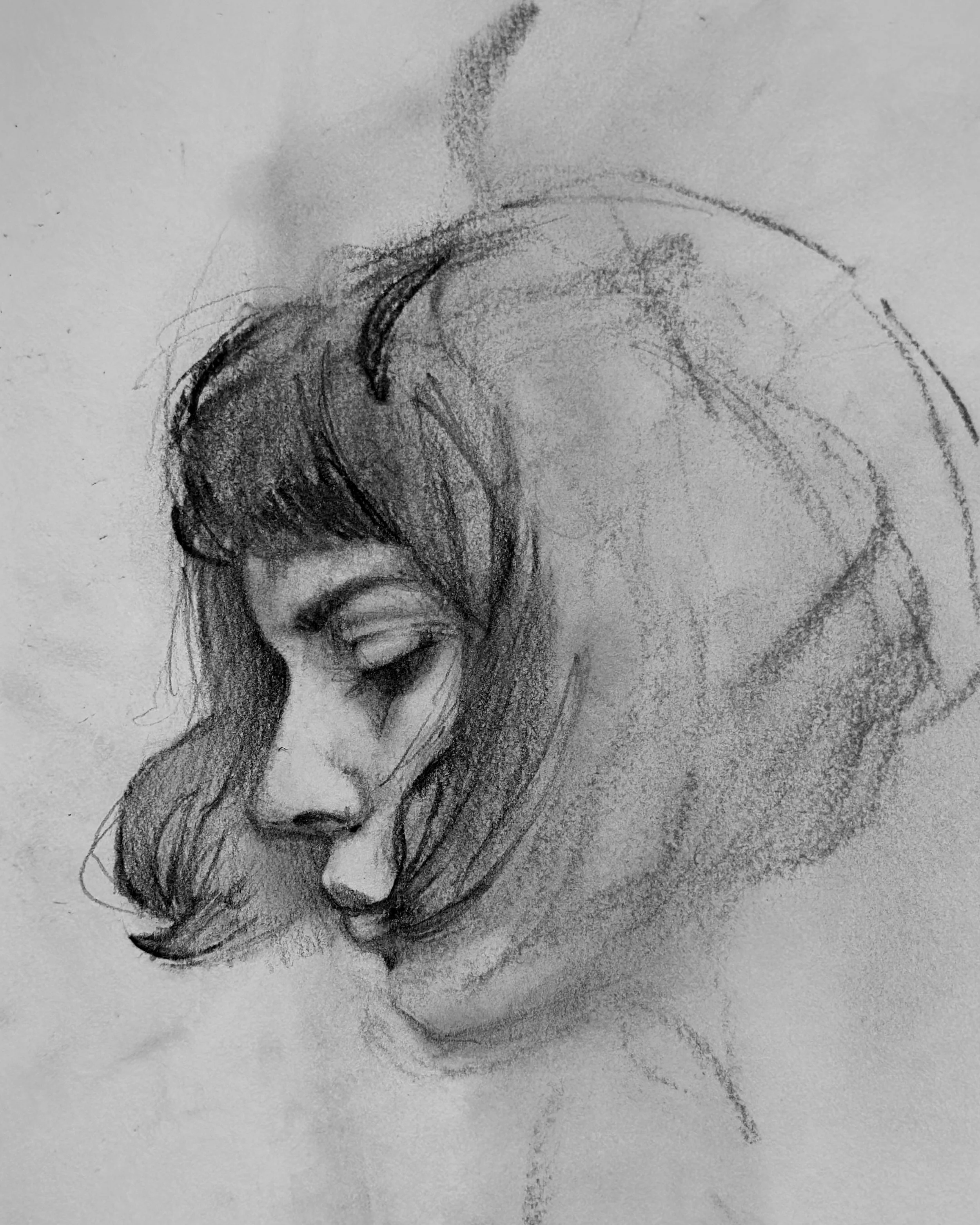 Black and white sketch of a woman with long hair, smiling with eyes closed.