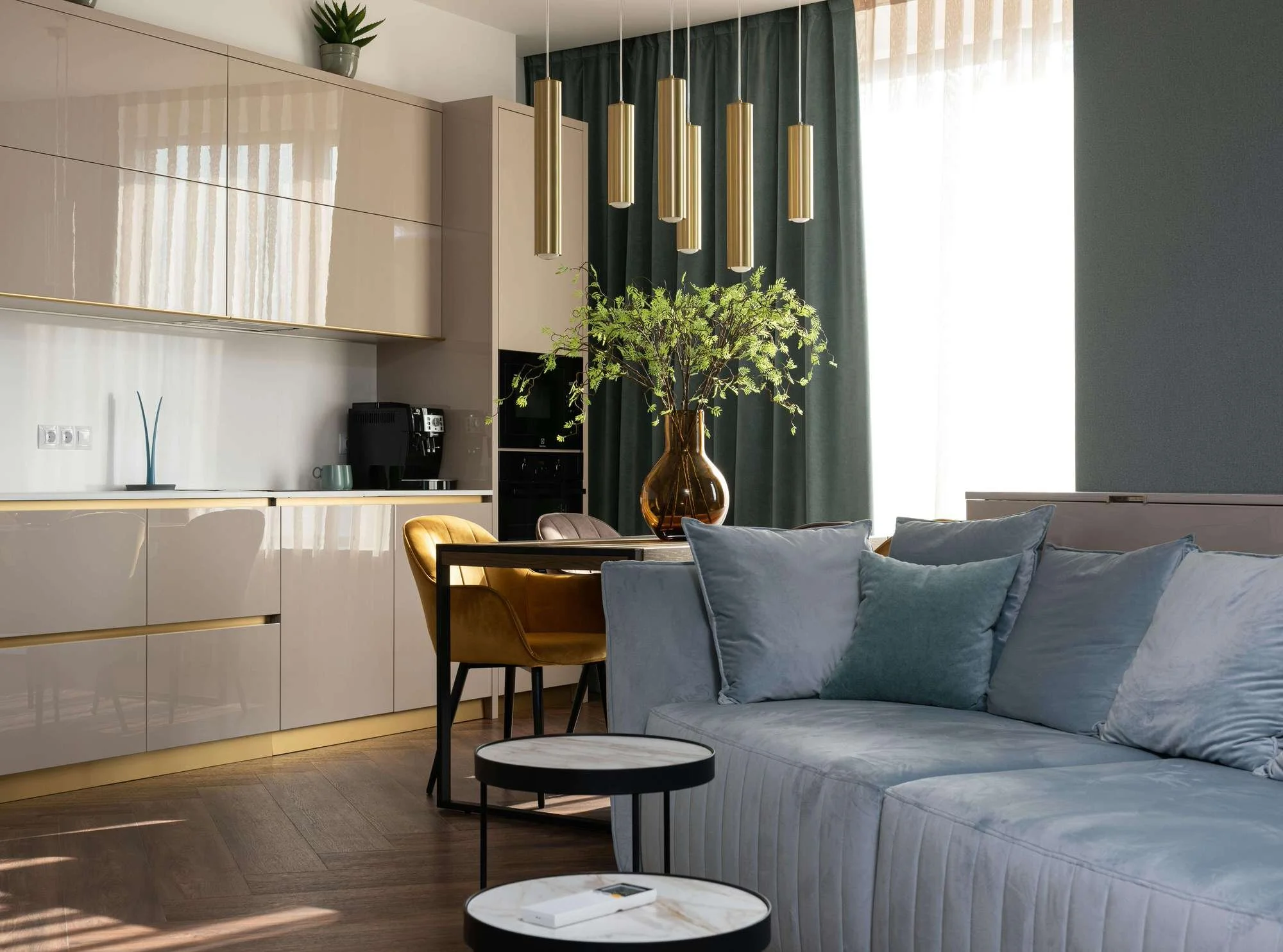 interior of kitchen, living, dining space