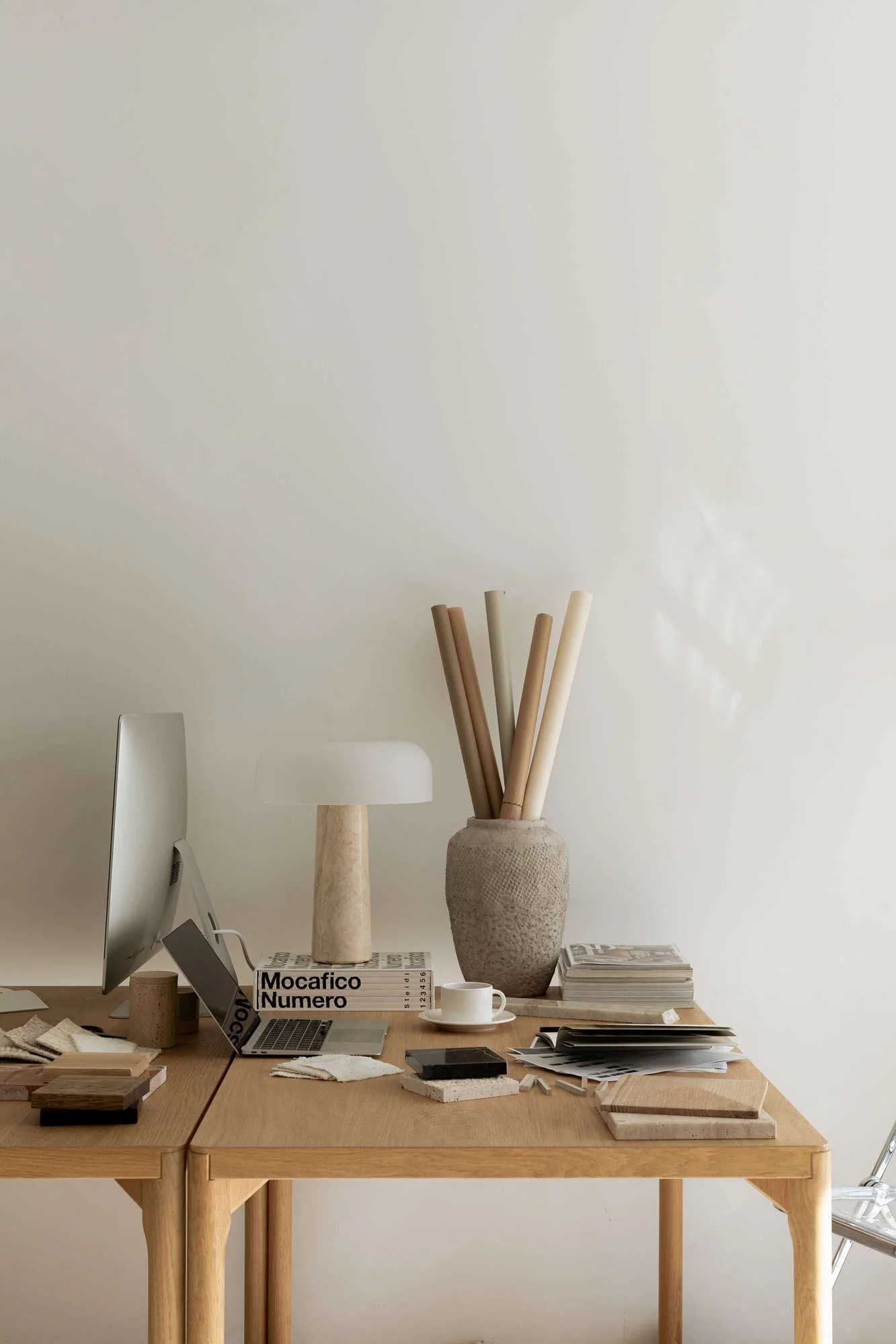 Project Management SERVICES - desk with laptop and computer, project details, lamp, and vase