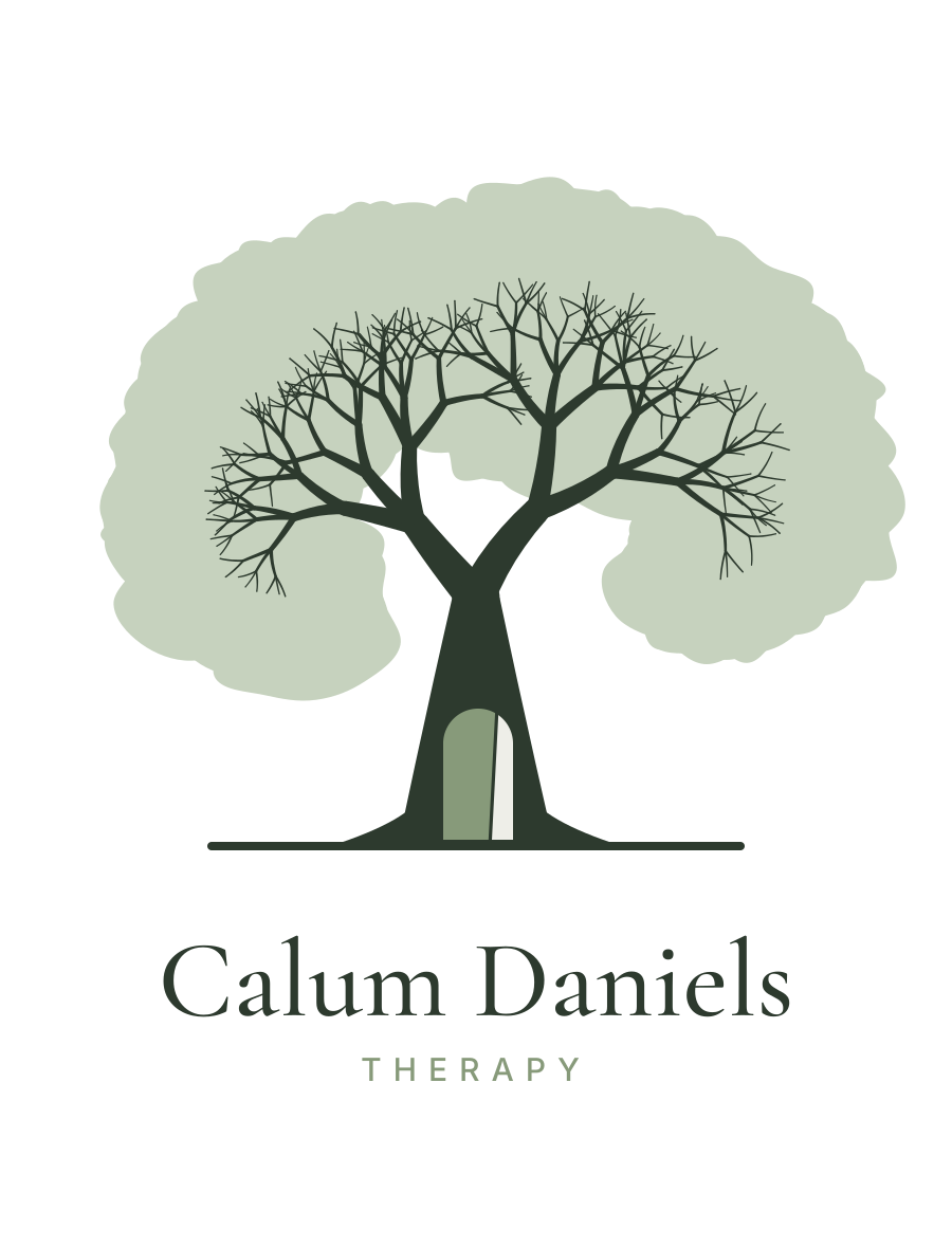 A logo for Calum Daniels Therapy features a stylized tree with a house in the trunk, with green, gray, and black colors.