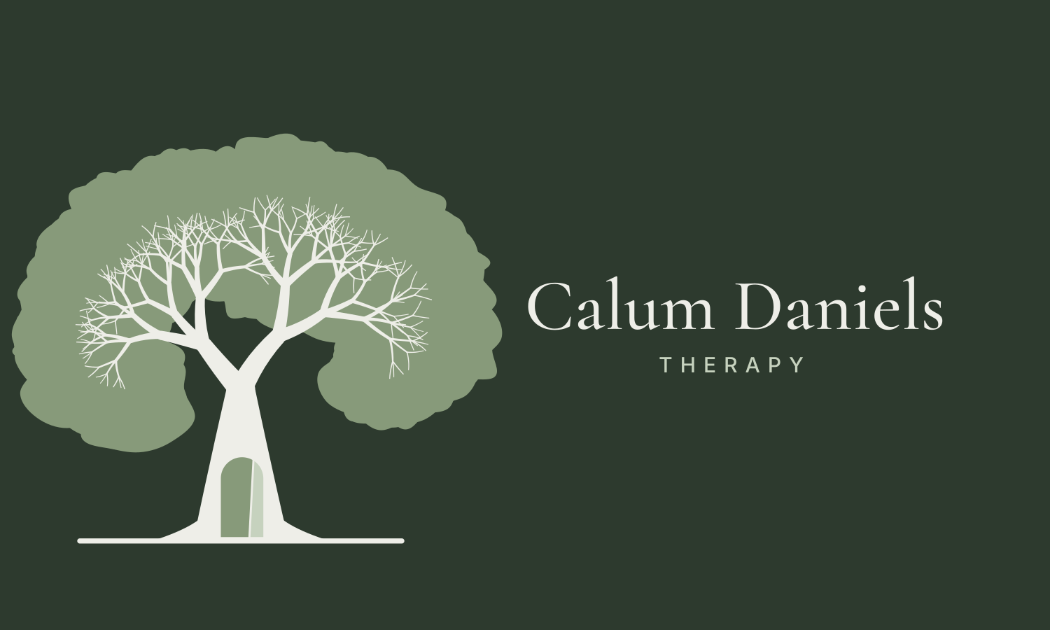 Logo for Calum Daniels Therapy featuring a stylized tree with a white trunk and branches, and green foliage, on a dark green background.