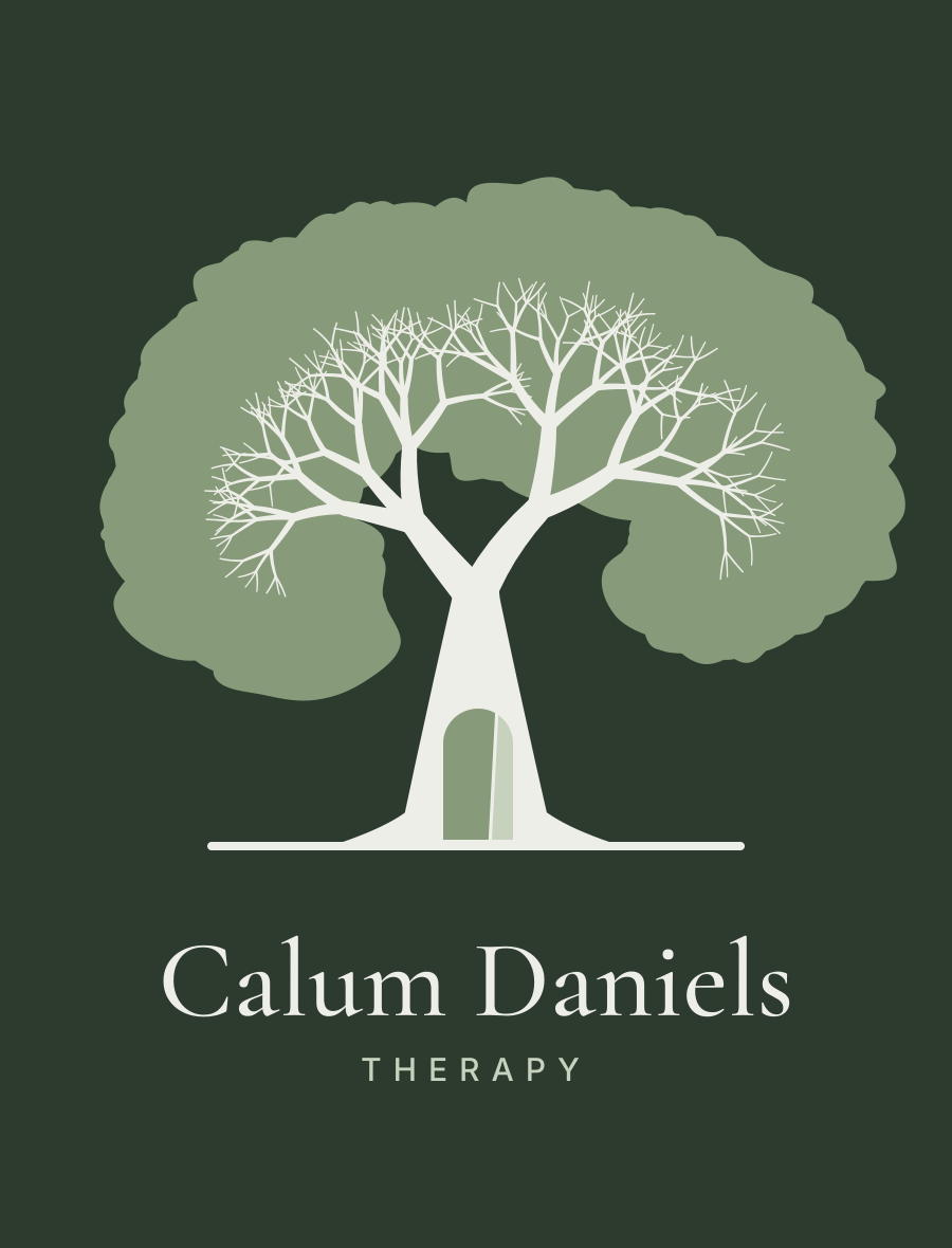 Logo for Calum Daniels Therapy featuring a stylized tree with a door in the trunk, on a dark green background.