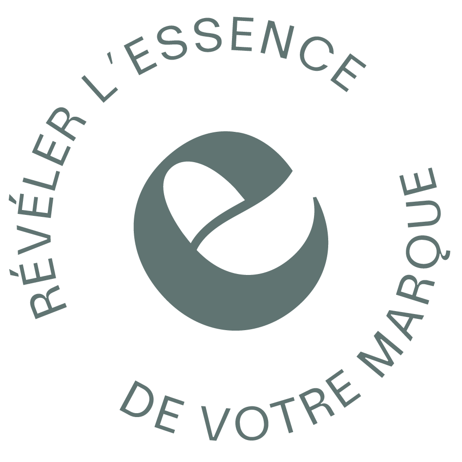 Logo circulaire avec un "e" au centre et la phrase "Révéler l'essence de votre marque" autour