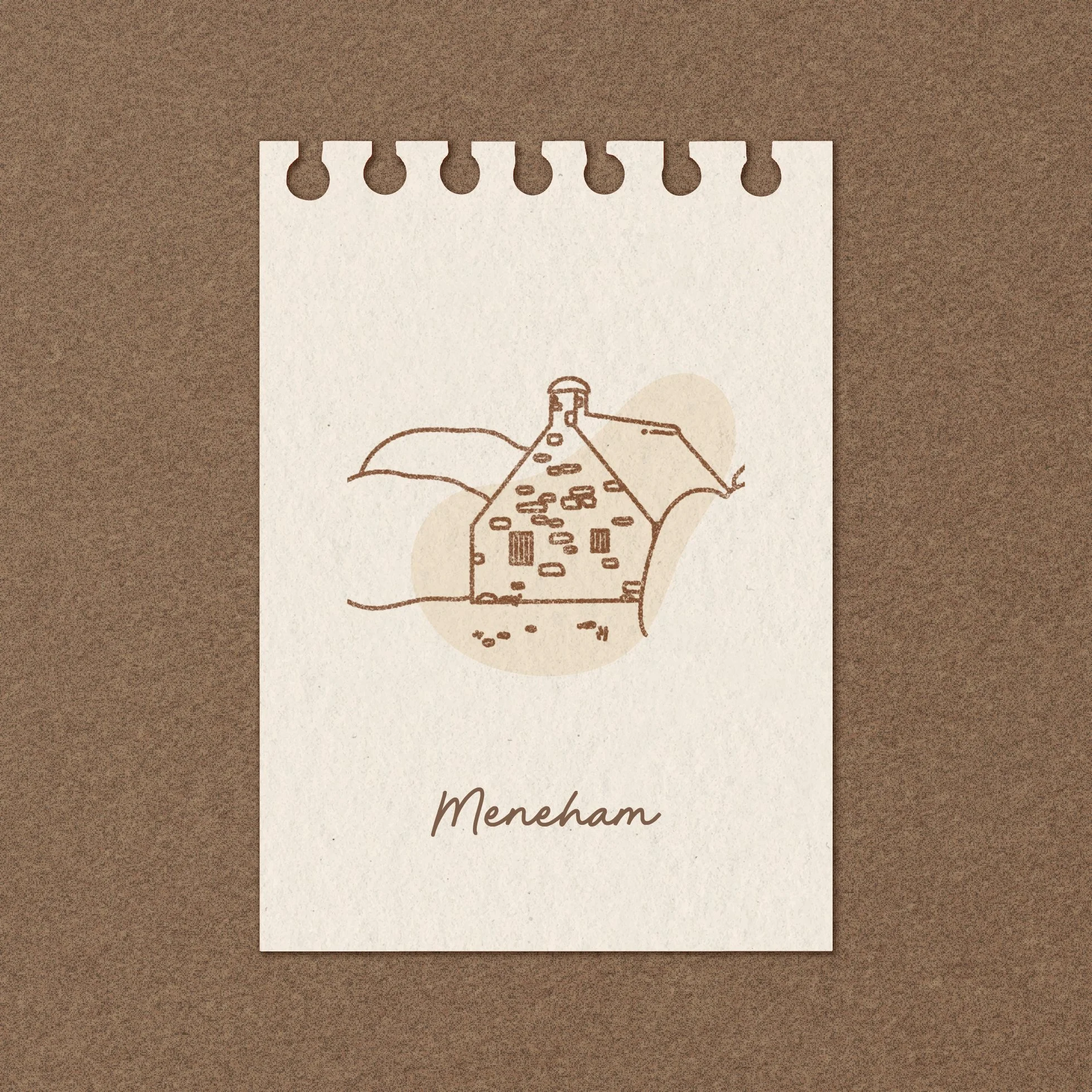 Une affiche avec une illustration dépeignant une bouteille, une pyramide de bouteilles, et une montagne, sur un fond beige, avec le texte 'Menehem' écrit en cursive en bas.