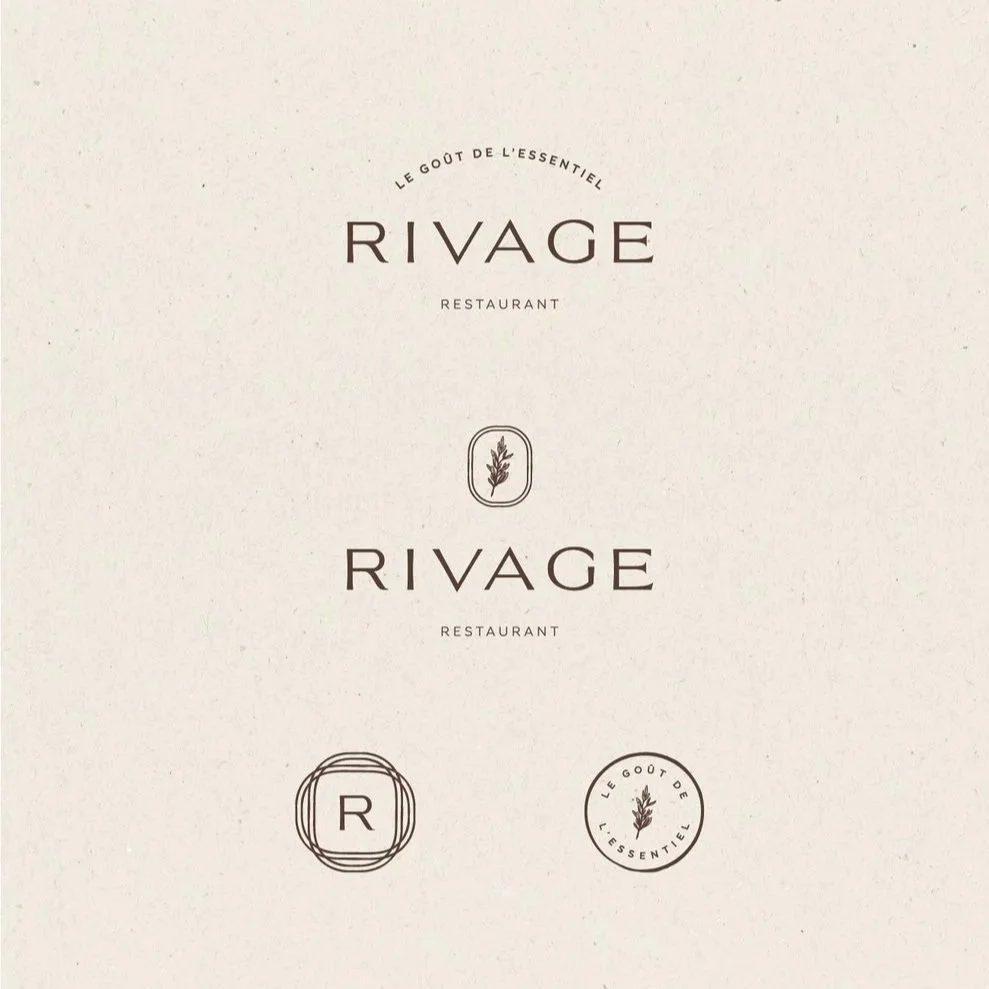 Logo du restaurant Rivage avec texte en français et illustrations de branche.