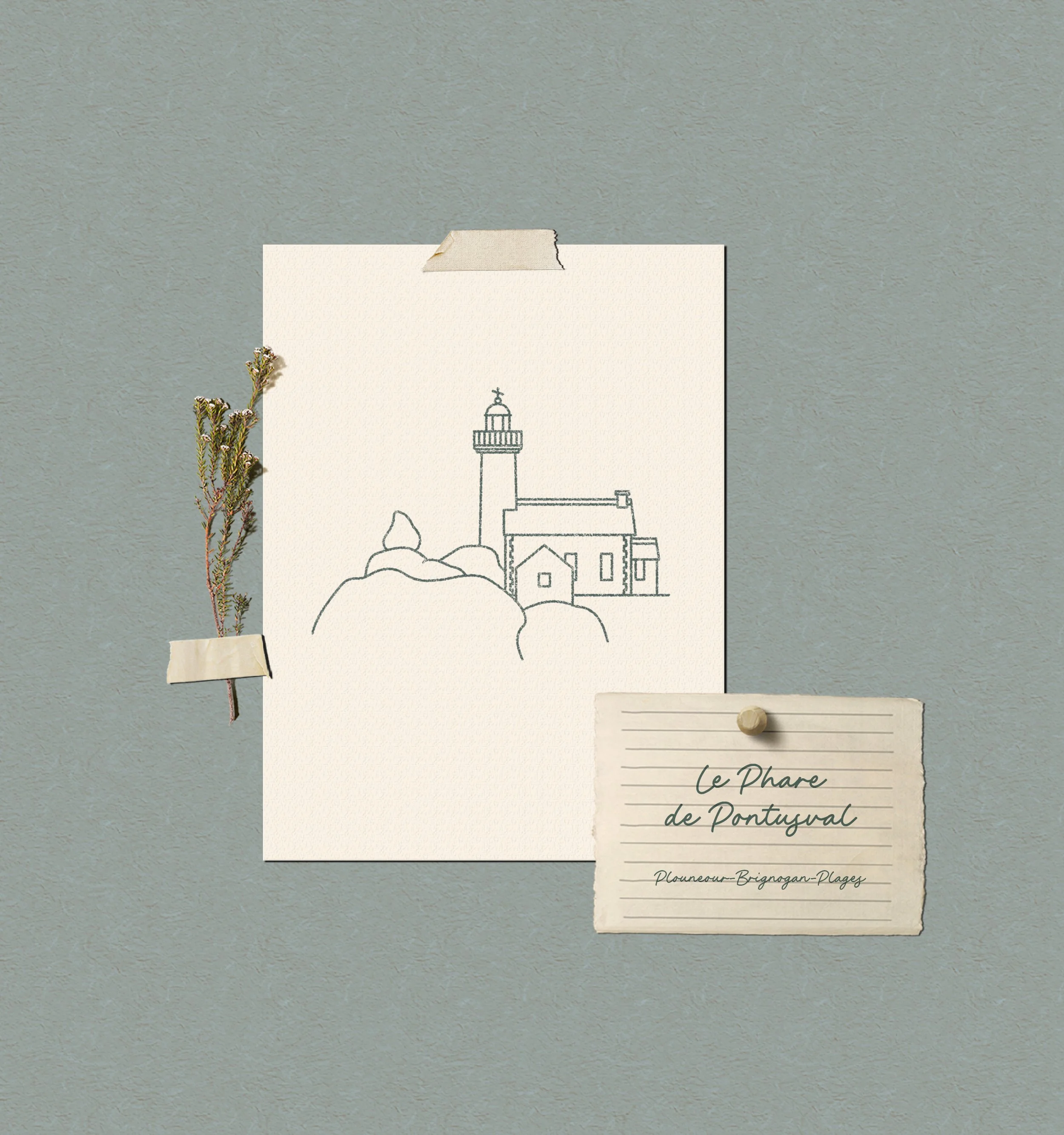 Une affiche avec un dessin d'un phare et une petite maison, accompagnée de notes manuscrites indiquant 'le Phare de Pontugal' et 'Plouneour-Brignogan-Plages', sur un fond vert pâle avec une branche de plantes à gauche.
