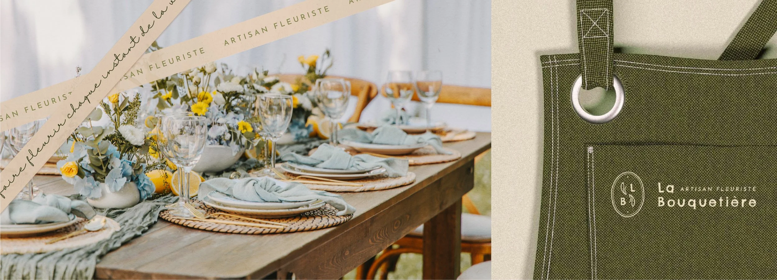 Table de fête décorée avec des fleurs et des verres, avec une bannière indiquant 'SAN FLEURISTE ARTISAN FLEURISTE', à droite, un sac à main vert avec des détails en blanc et le logo 'LA BOQUETIÈRE ARTISAN FLEURISTE'.