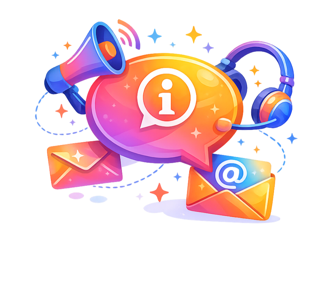 Image of colorful speech bubble with a white "information" icon in the middle with contact related icons surrounding the bubble