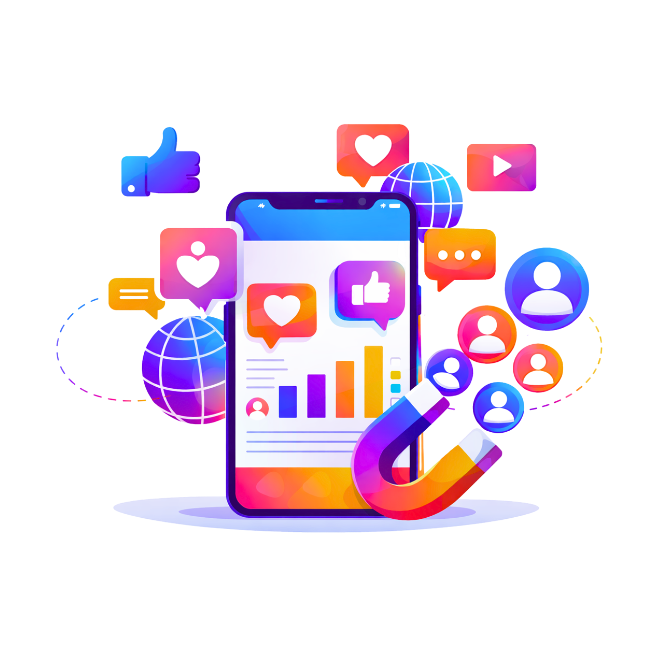 Animated image of phone with social media related icons surrounding the phone