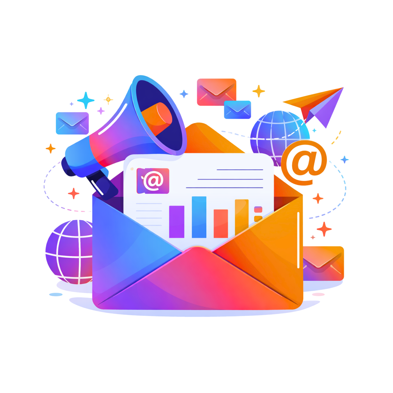 Colorful digital illustration of email marketing concept featuring an open envelope, a megaphone, charts, email icons, and globes.
