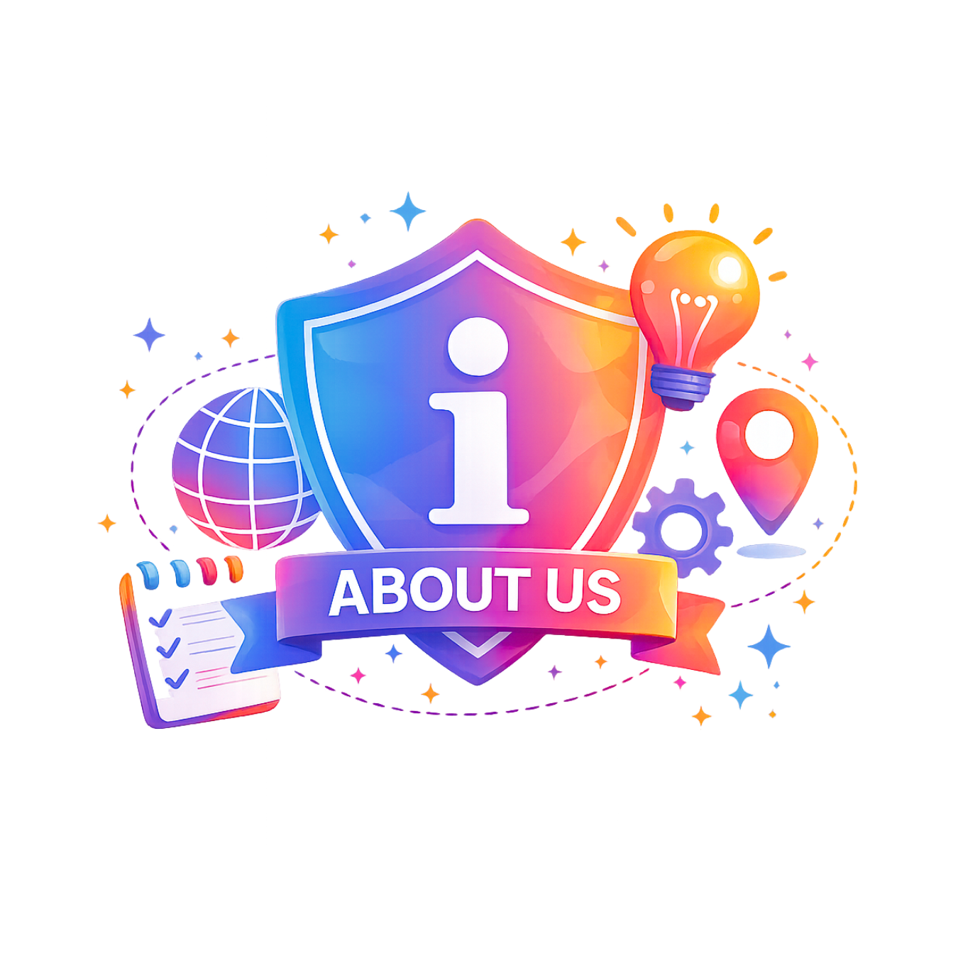 Image of a colorful shield with a banner that says "about us" with colorful icons surrounding the shield