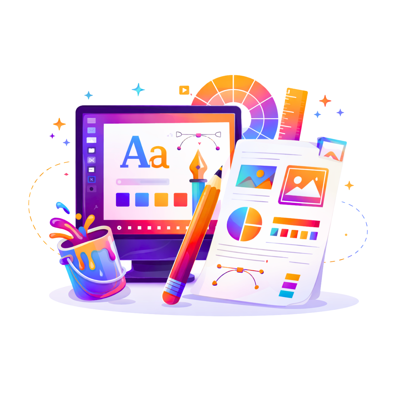 Digital illustration of graphic design tools, including a computer screen with typography, a color palette, a pen, a notebook with charts, and art supplies like a paint can, all in vibrant colors.