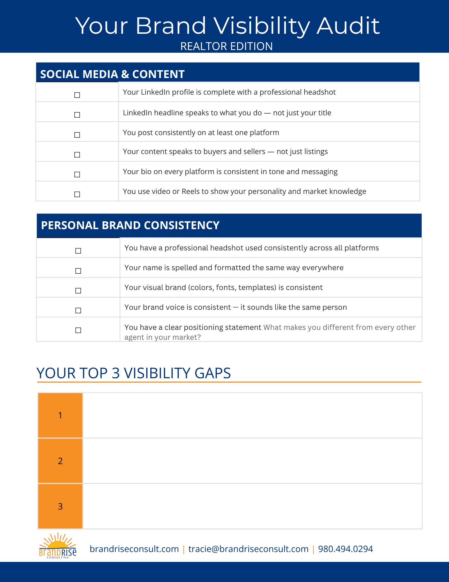 A branding and marketing report titled 'Your Brand Visibility Audit - Realtor Edition' featuring sections on social media and content, personal brand consistency, a list of top visibility gaps, and contact information for Brand Rise Consulting.