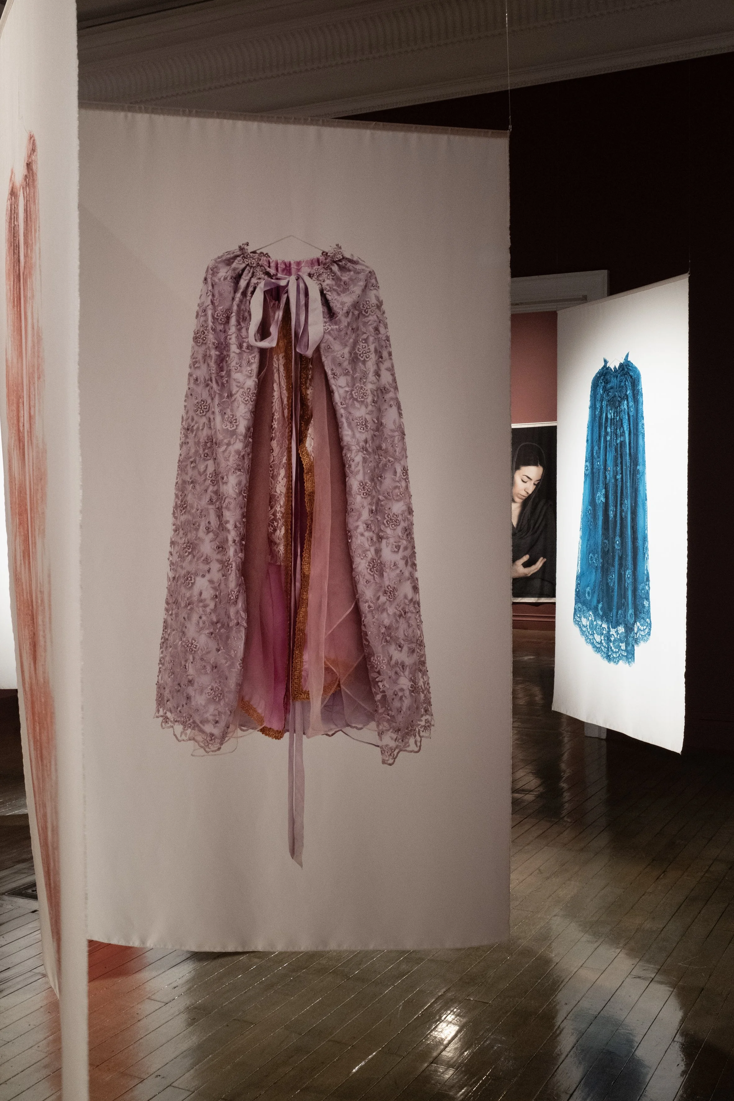 Une cape en dentelle et un jupon rose avec un ruban violet suspendus dans une galerie d'art.