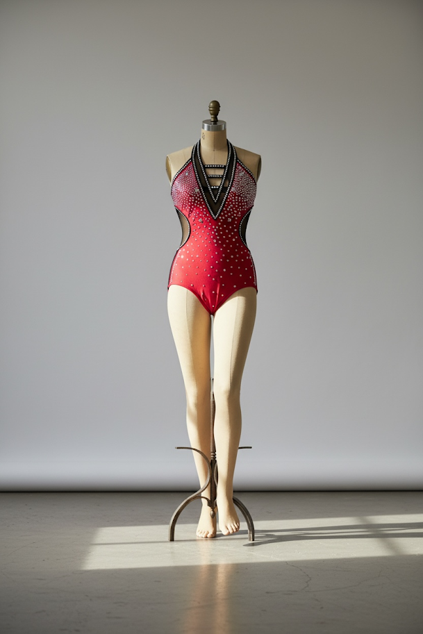 A mannequin wearing a red and black embellished swimsuit with a deep v neckline, on a simple stand against a plain light gray background.