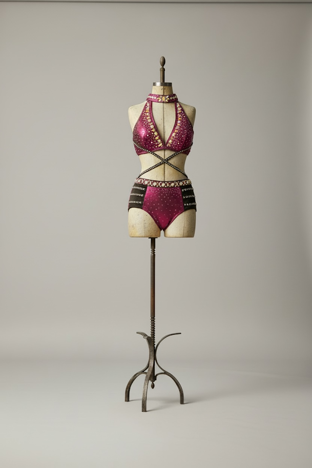 A mannequin displaying a pink and black rhinestone-studded dance costume on a vintage metal stand.
