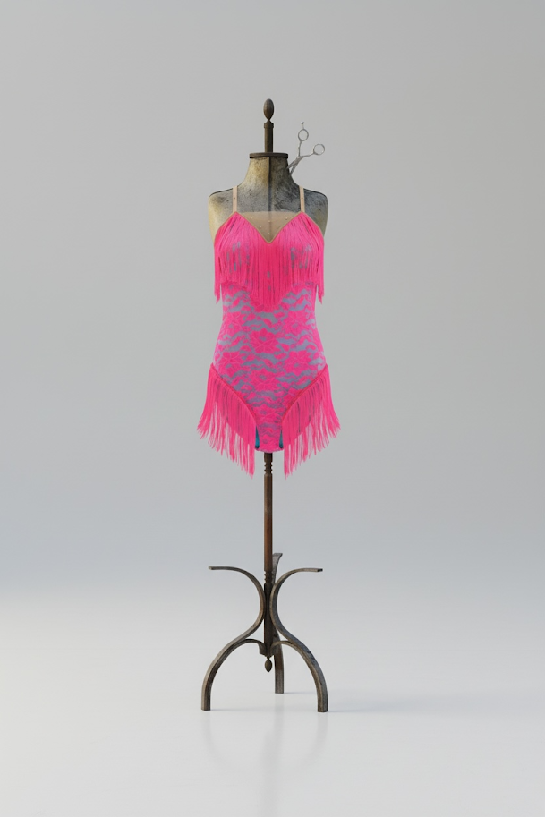 Pink lace dress with fringe details displayed on a vintage dress form against a plain grey background.