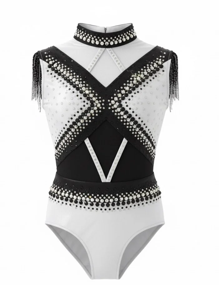 Black and white sequined bodysuit with fringe details and cut-out design, styled for performance or couture wear.