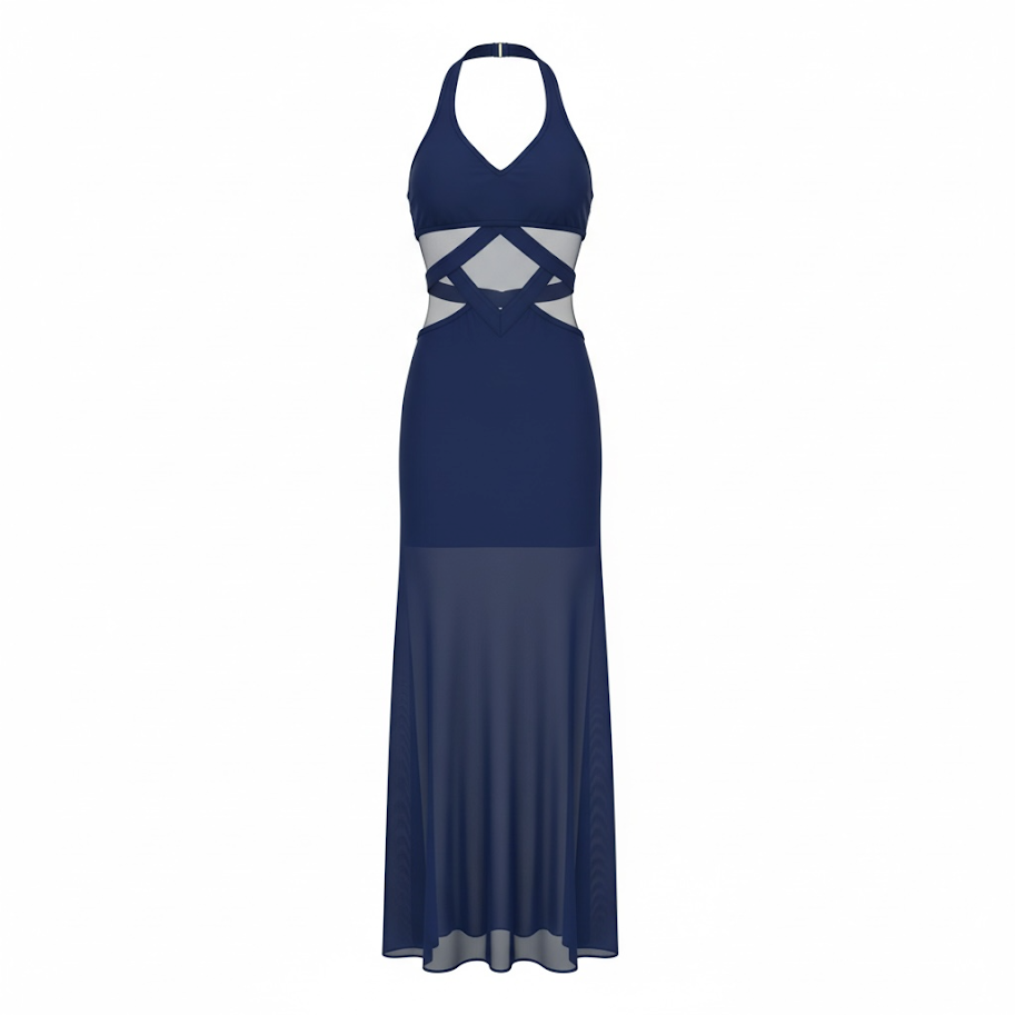 A long, navy blue evening gown with cut-out details at the midsection and a halter neckline, made of a sheer, flowy fabric.