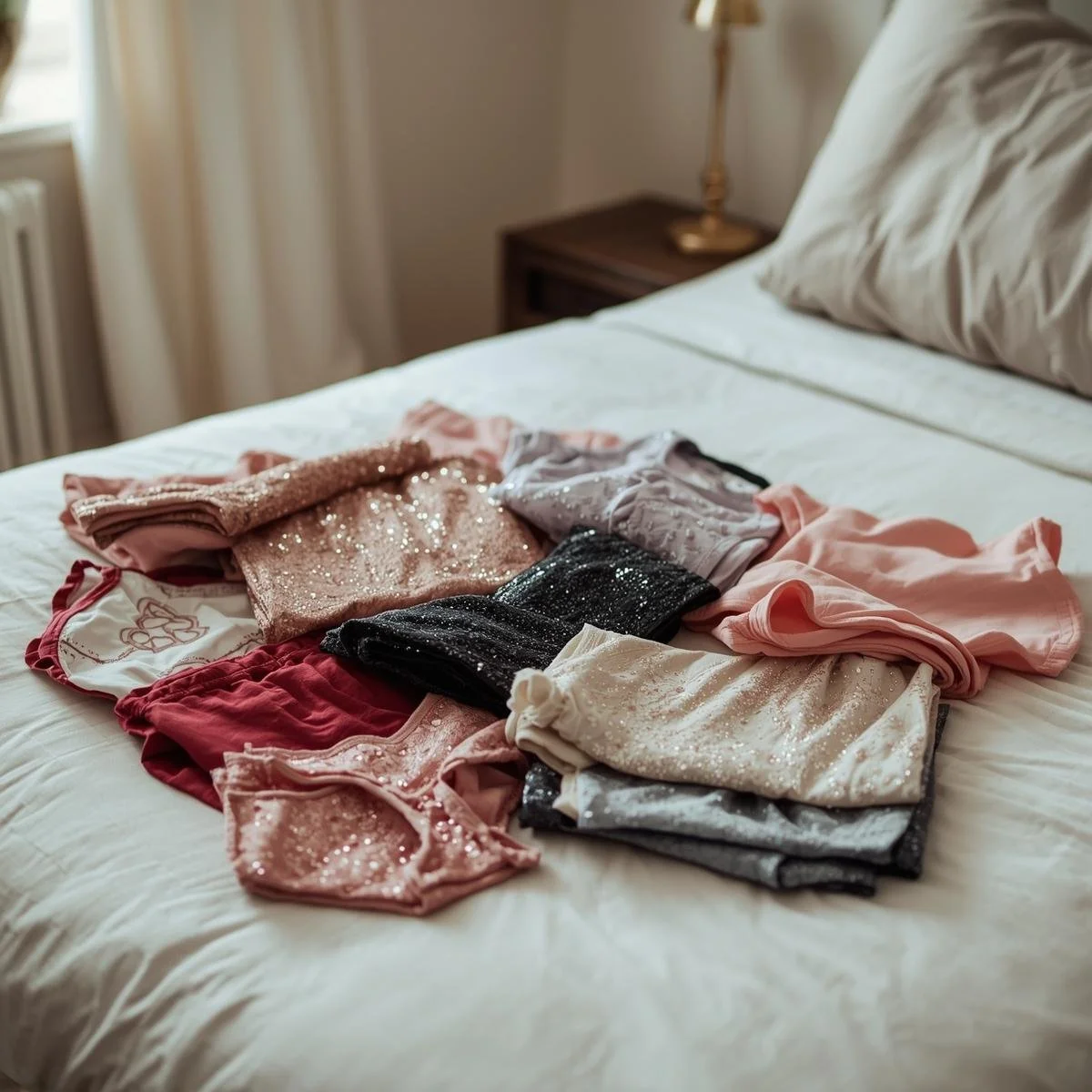 A bed with various pairs of colorful, sparkly underwear laid out on it in a bedroom with natural light.